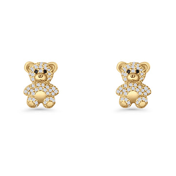 Teddy Bear Stud Earrings Cubic Zirconia Yellow Tone 925 Sterling Silver